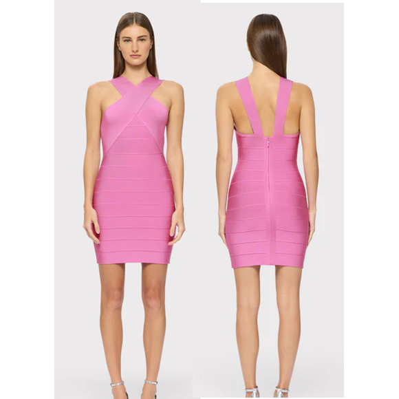 NWT Hervé Léger Crossover Halter Mini Bandage Dress Carnation Women's Size S - Picture 1 of 6